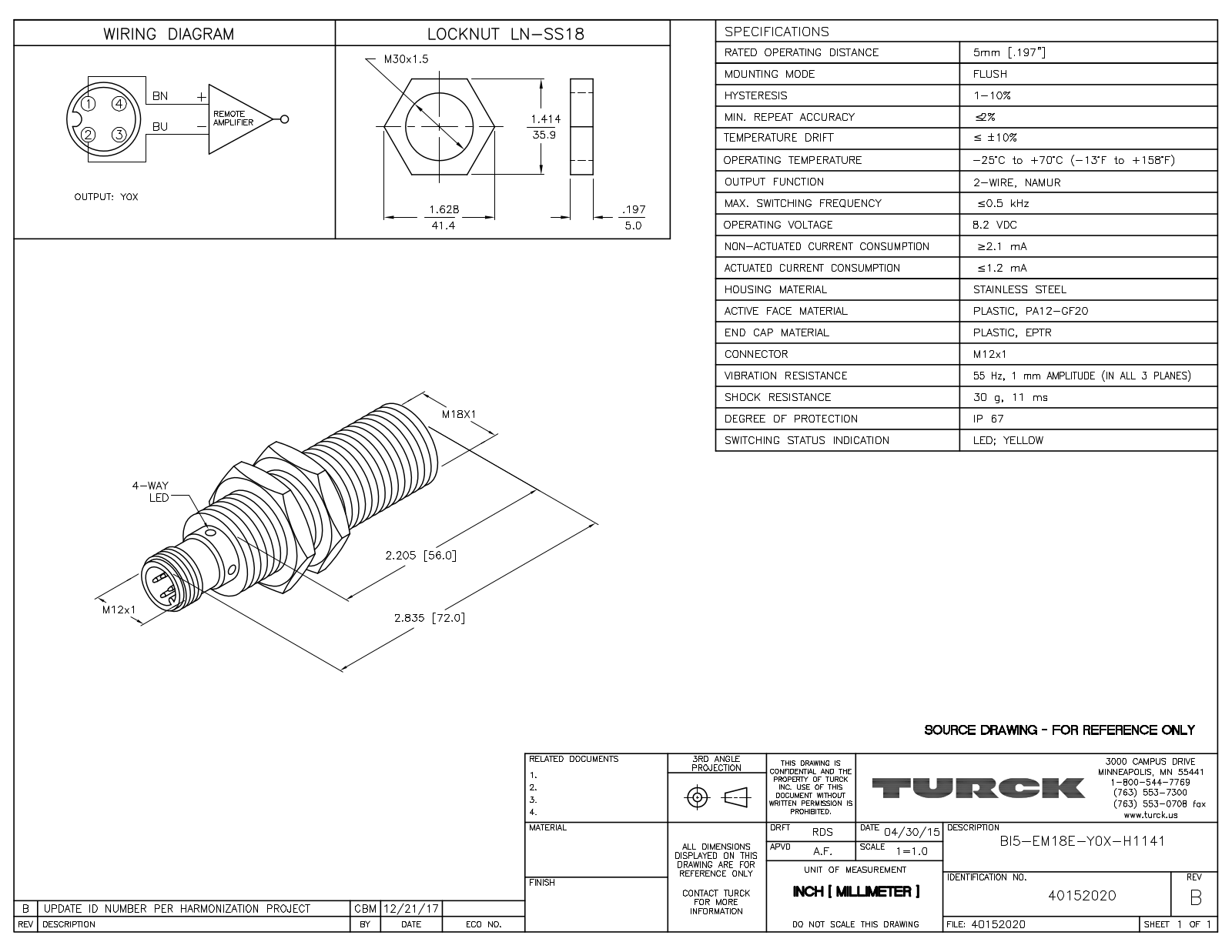 Turck BI5-EM18E-Y0X-H1141 Data Sheet