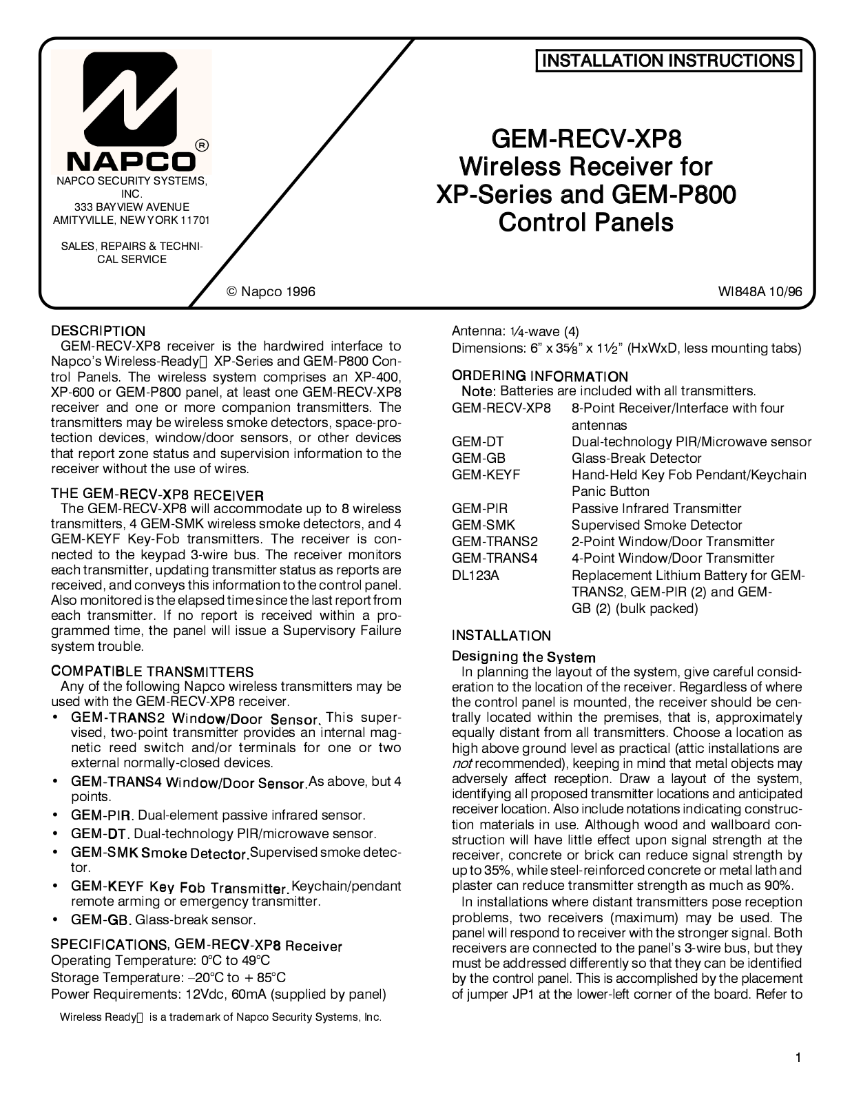 NAPCO GEM-RECV-XP8 Installation Manual