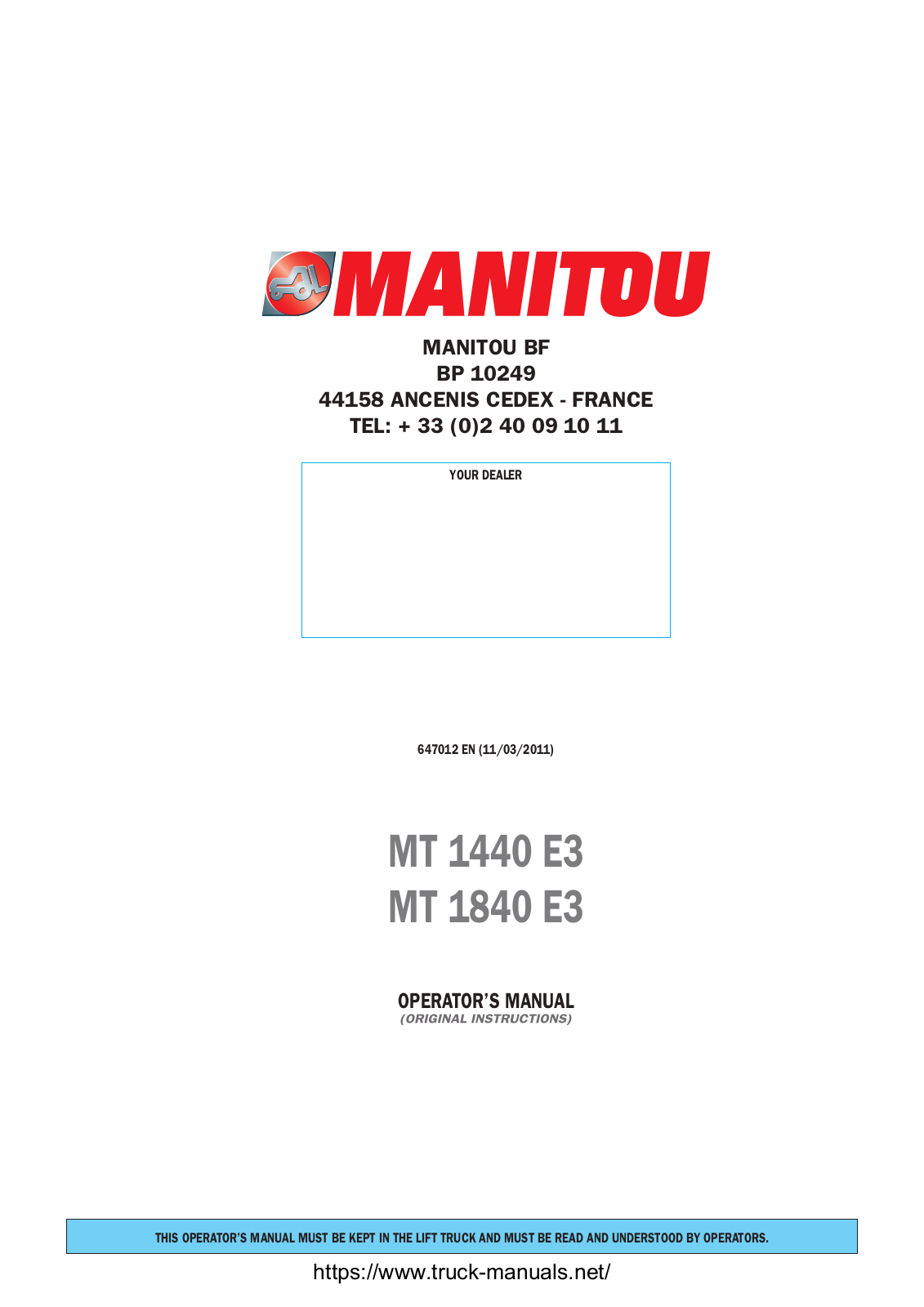 Manitou MT1440PE3, MT1840PE3 Operator's Manual