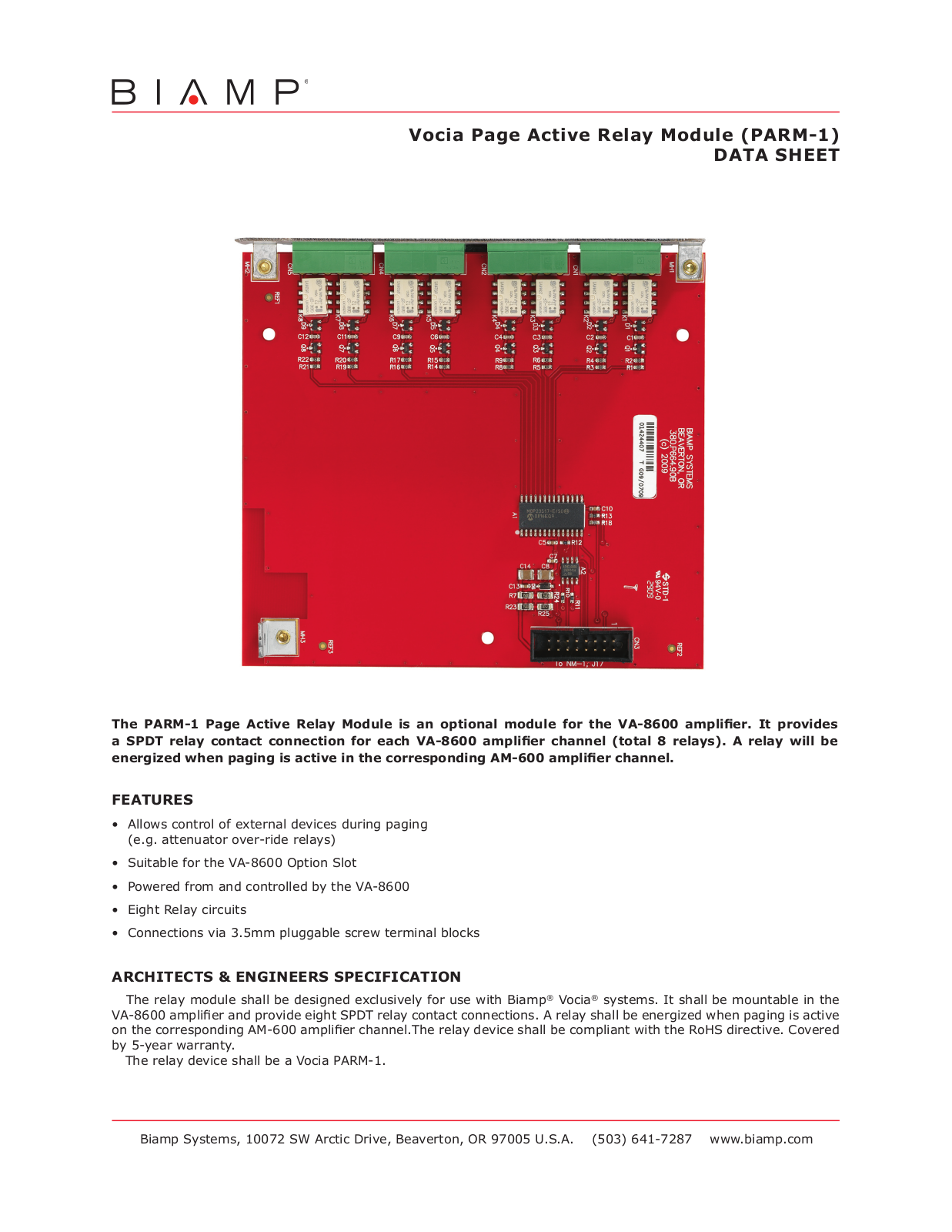 Biamp VOCIA PAGE ACTIVE RELAY MODULE User Manual