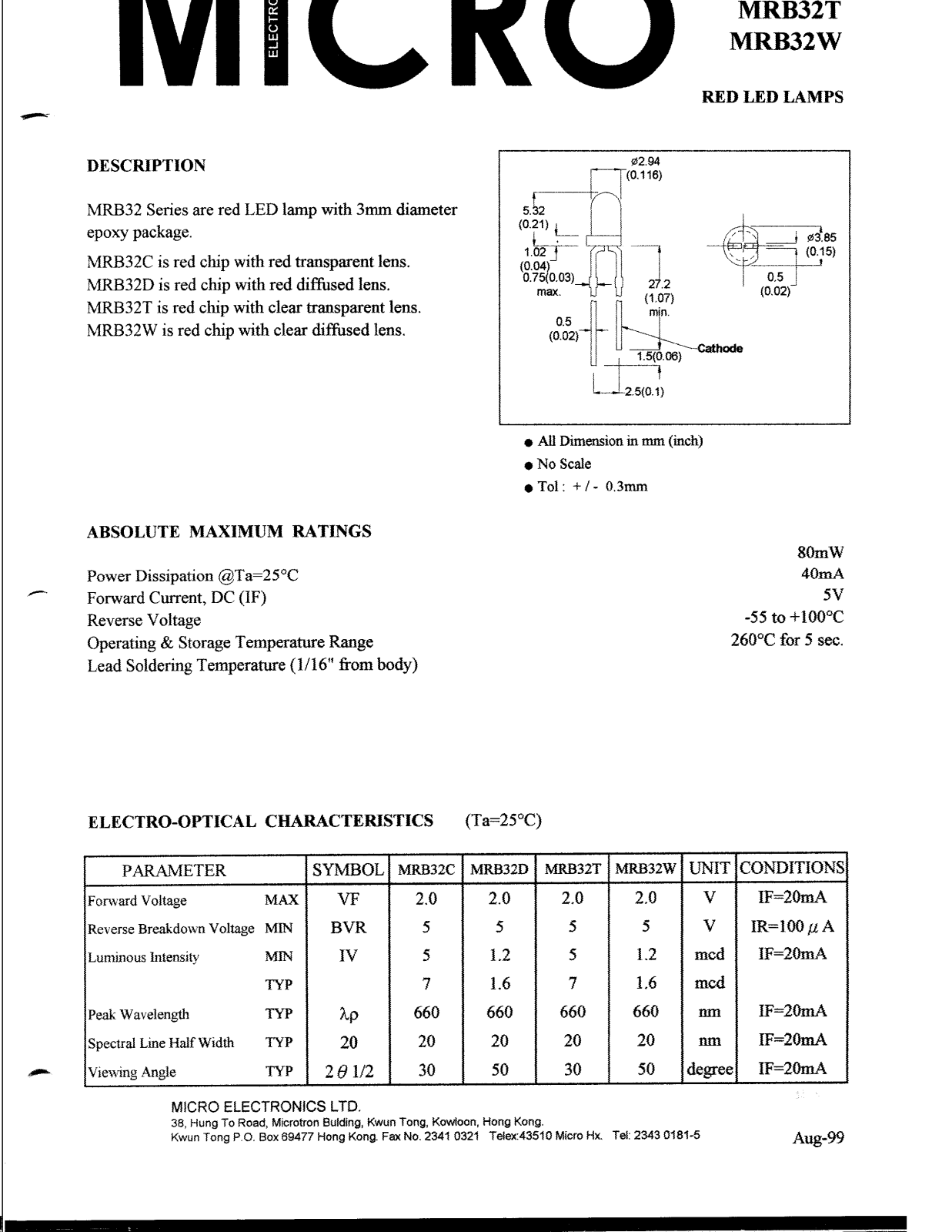 MICRO MRB32C, MRB32D, MRB32T, MRB32W Datasheet