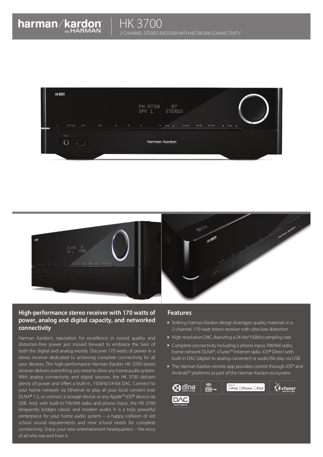 Harman Kardon HK 3700 Specification Sheet