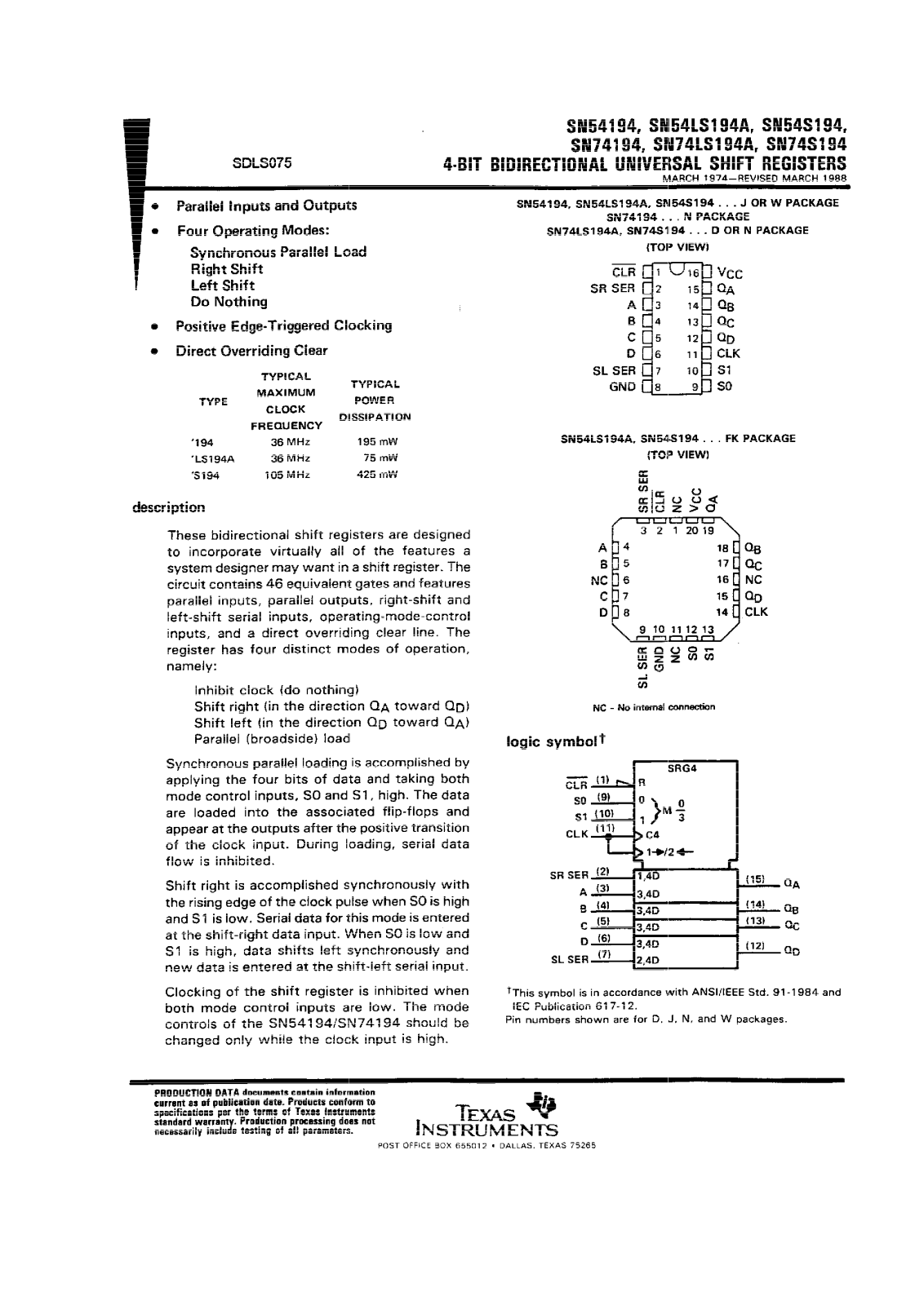 Texas Instruments SNJ54LS194AFK, SNJ54LS194AJ, SNJ54LS194AW Datasheet