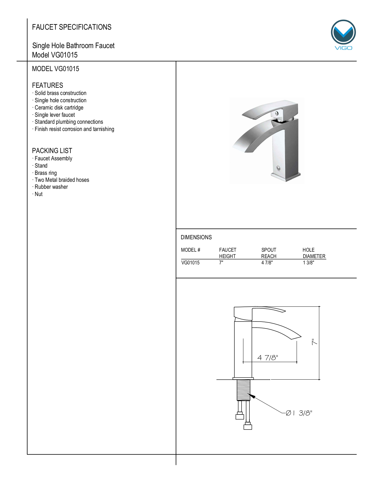 Vigo VG01015MB Specifications