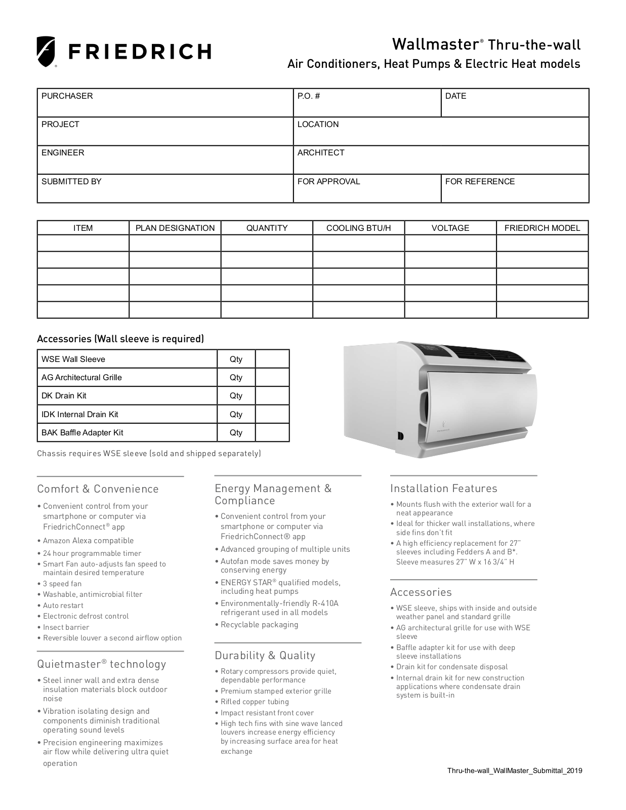 Friedrich WCT08A10A Submittal Sheet