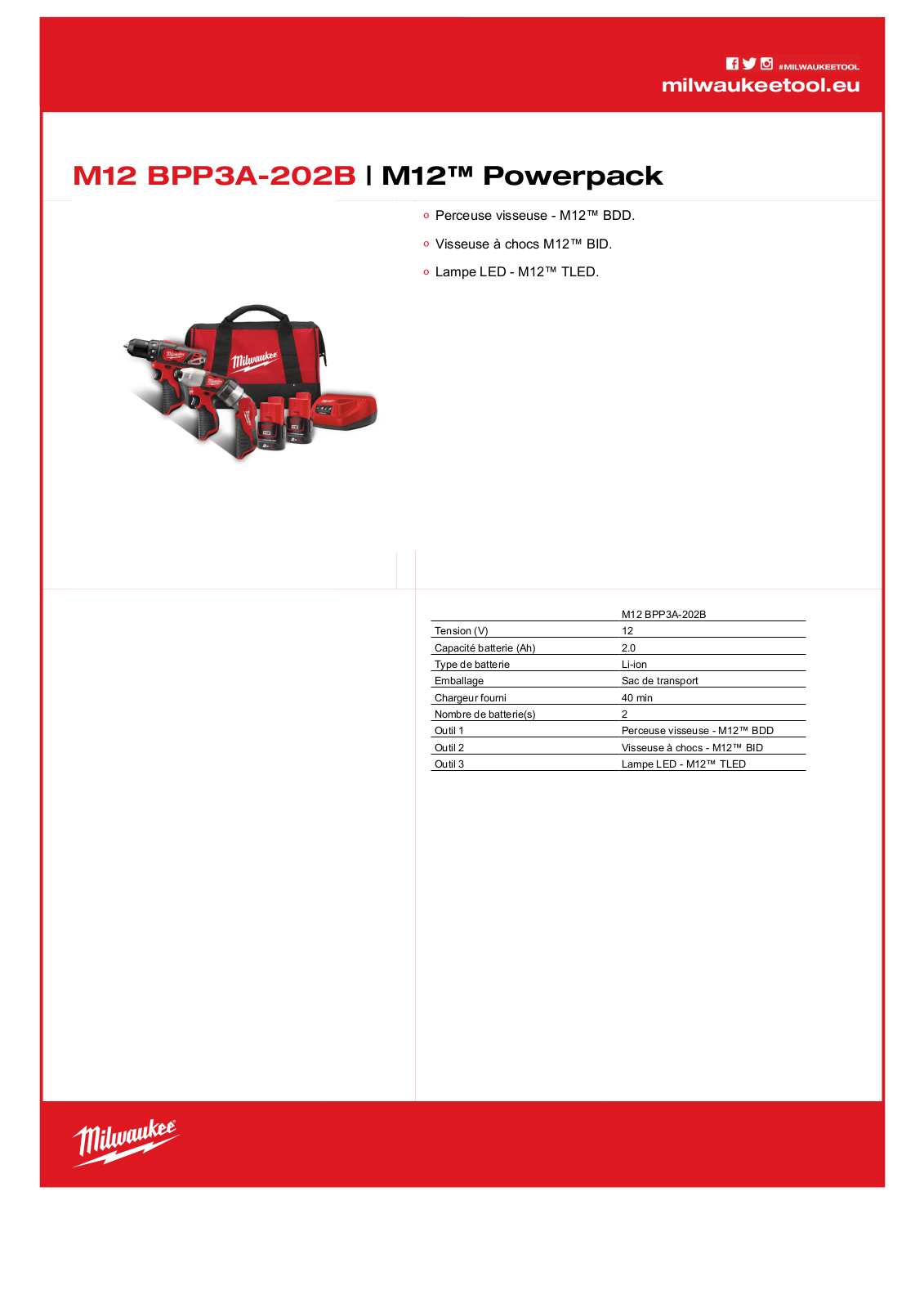Milwaukee 4933441225, M12 BPP3A-202B Specification - ManualMachine.com