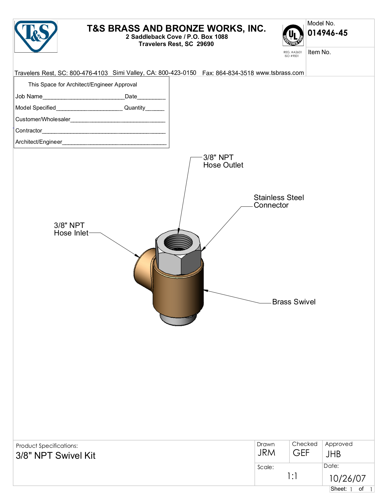 T & S Brass & Bronze Works 014946-45 General Manual