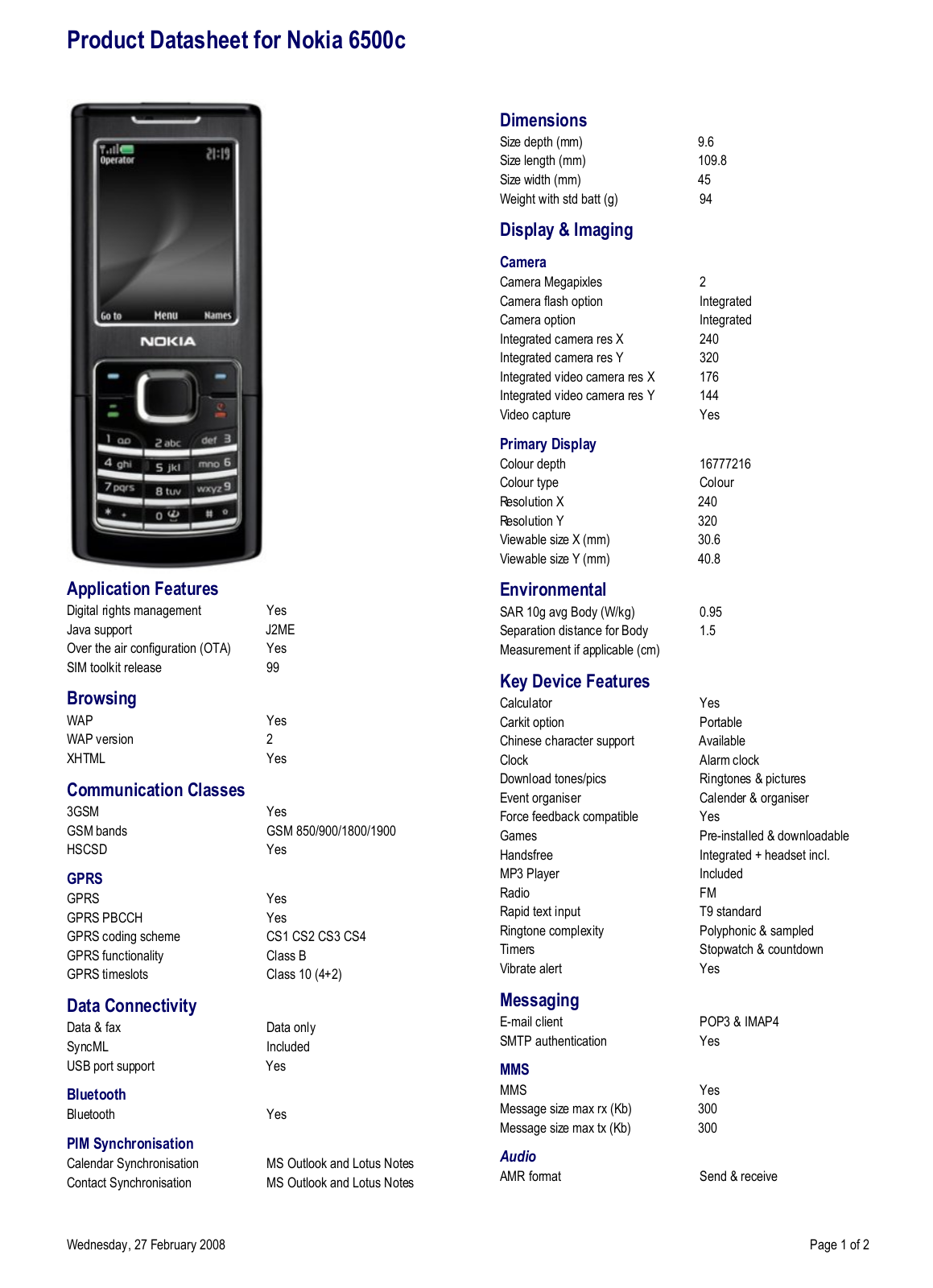 Nokia 6500C DATASHEET