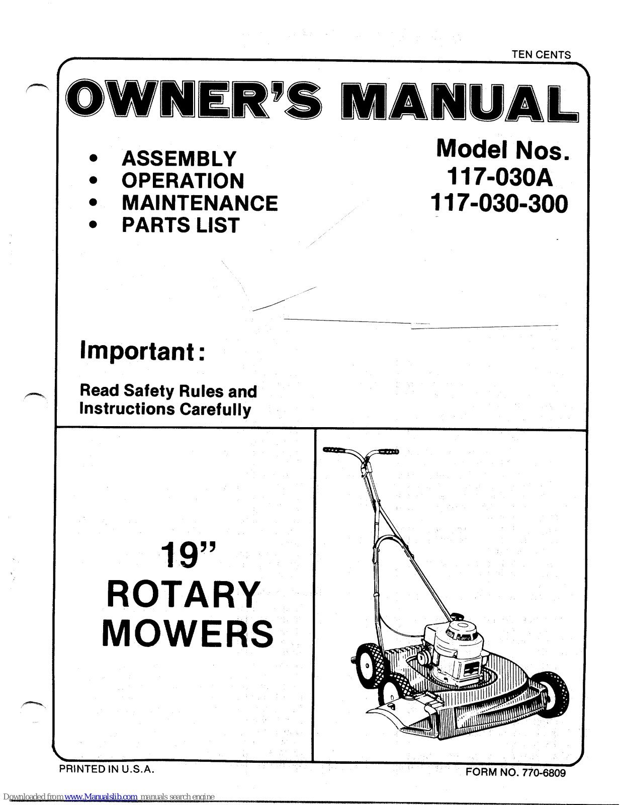 MTD 117-030-300, 117-030A Owner's Manual