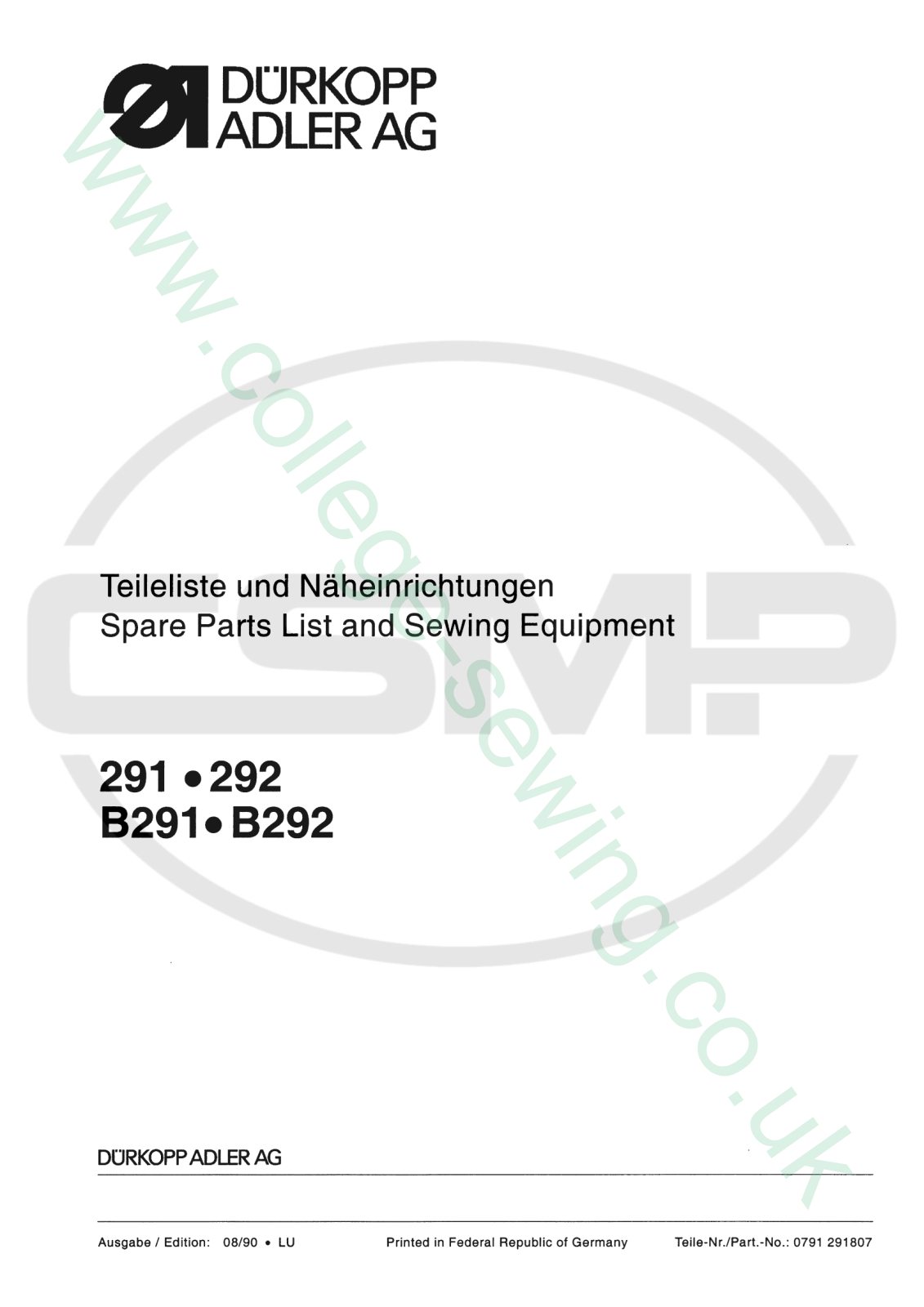 Durkopp Adler 291, 292, B291, B292 Parts Book