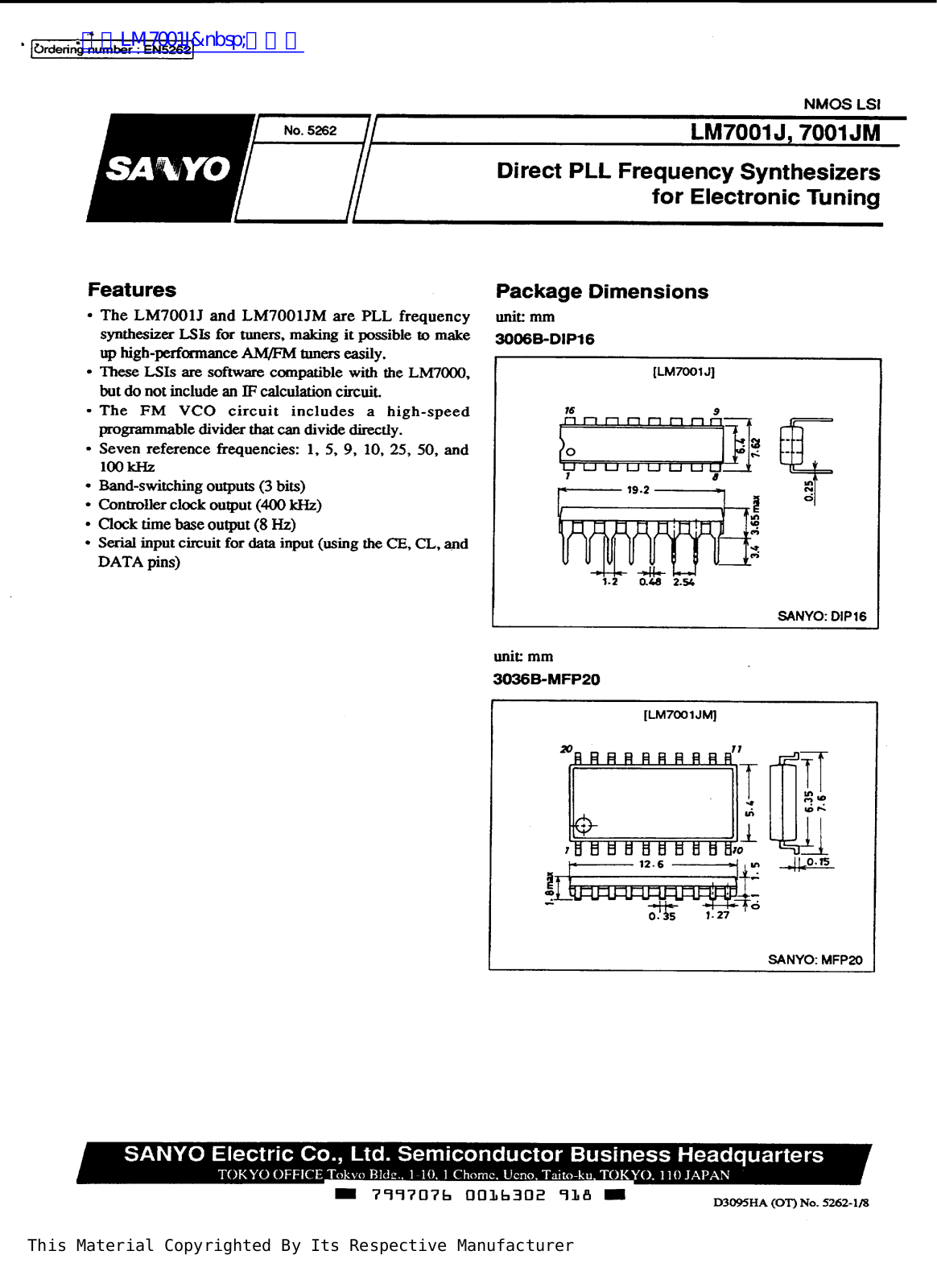 SANYO LM7001J, LM7001JM Technical data