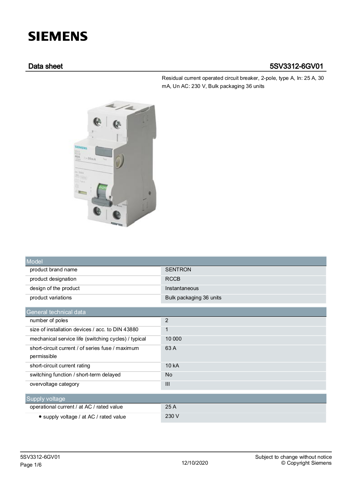 Siemens 5SV3312-6GV01 data sheet