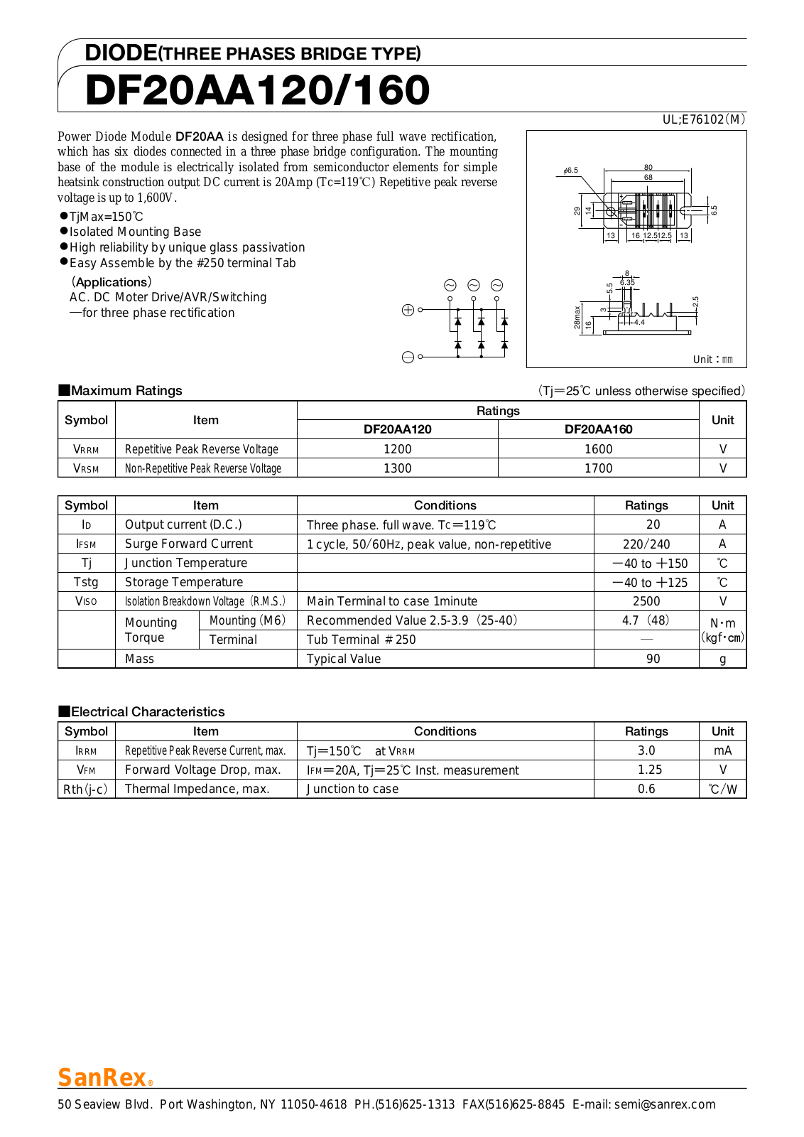 Sanrex-Sansha Electric Manufacturing DF20AA120, DF20AA160 Data Sheet