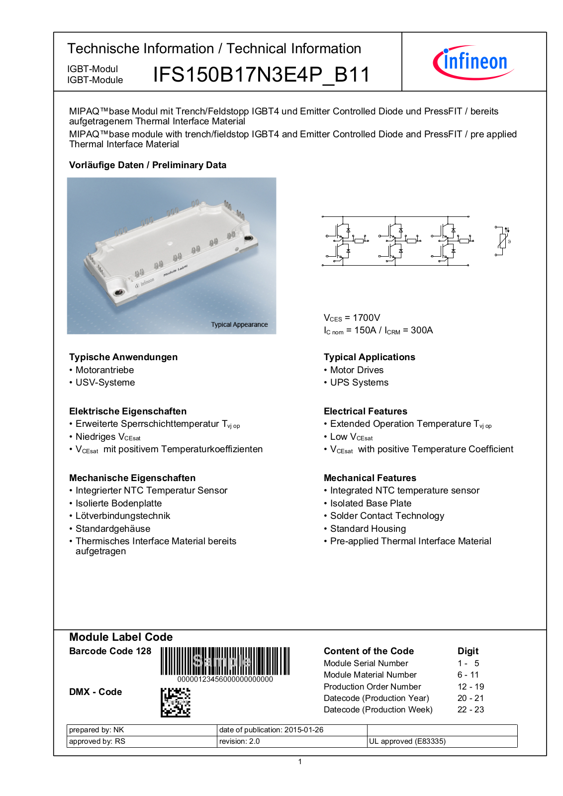 Infineon IFS150B17N3E4P_B11 Data Sheet