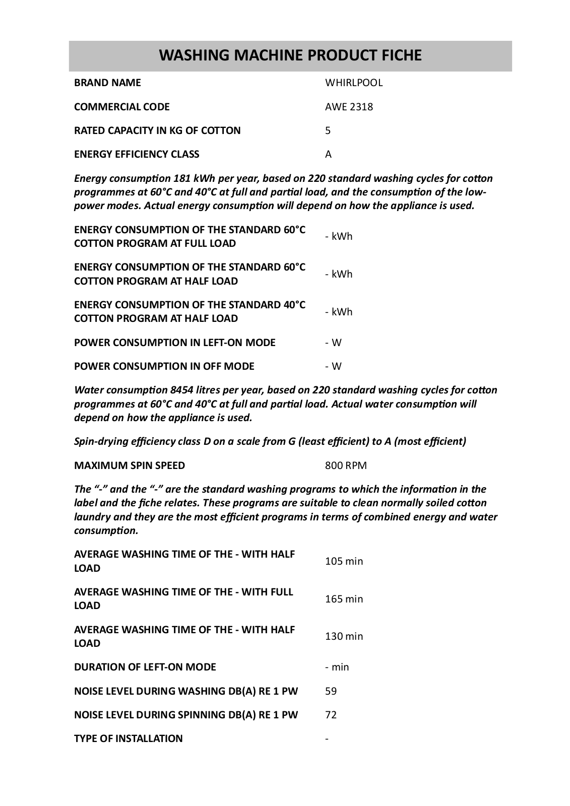 Whirlpool AWE 2318 INSTRUCTION FOR USE