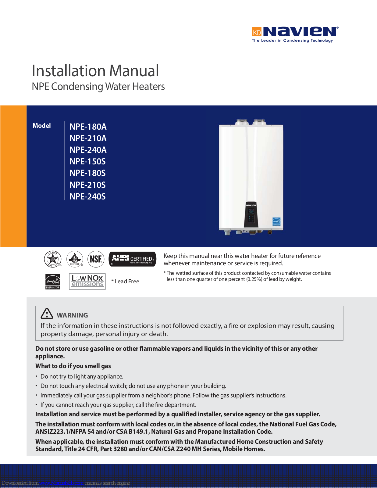 Navien NPE-210A, NPE-240A, NPE-210S, NPE-240S, NPE-150S Installation Manual