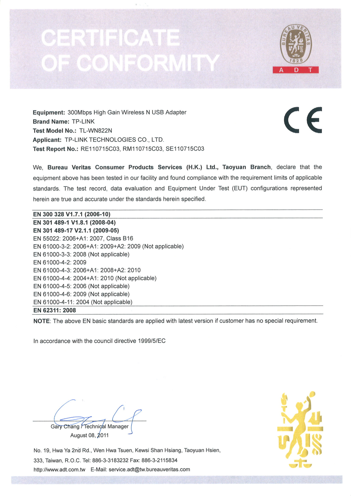 TP-Link TL-WN822N Certificate of Conformity