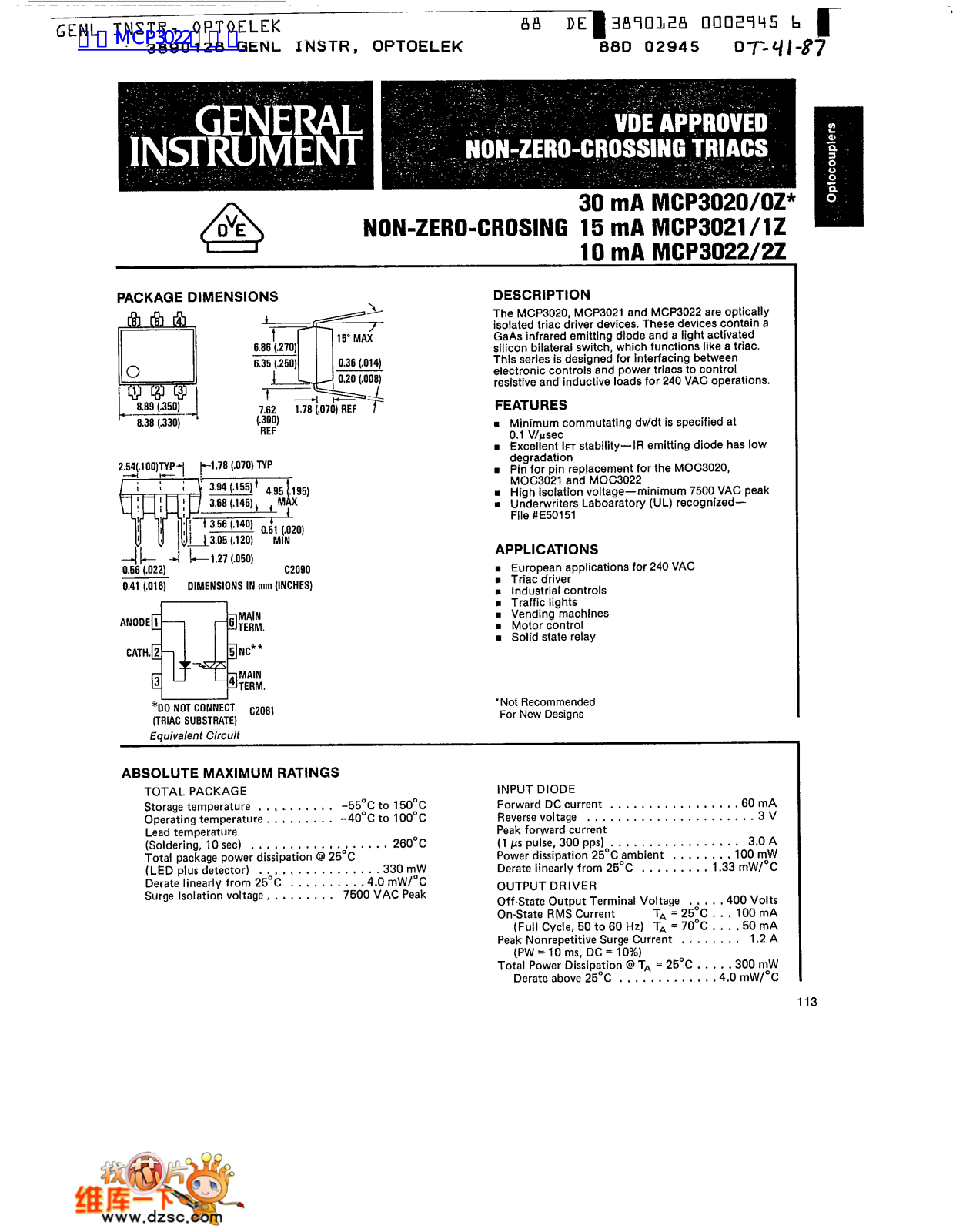 General INSTRUMENT MCP3020-0Z, MCP3021-1Z, MCP8022-2Z User Manual