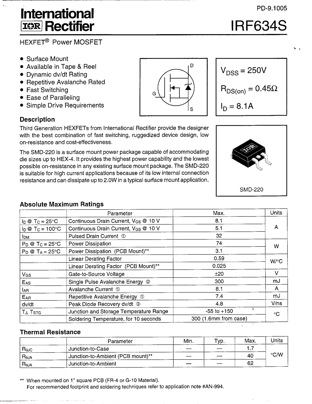 International Rectifier IRF634S Datasheet