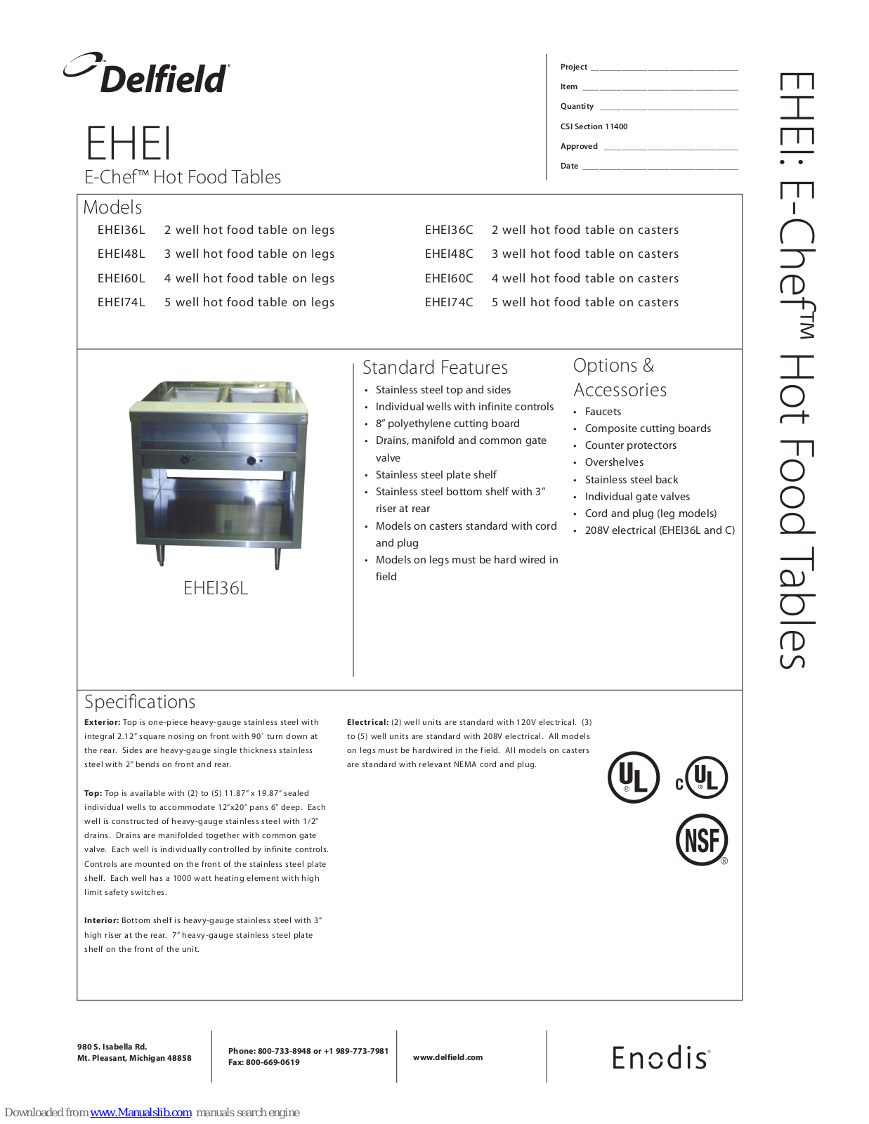 Delfield E-Chef EHEI36C, E-Chef EHEI36L, E-Chef EHEI48C, E-Chef EHEI48L, E-Chef EHEI60C Specifications