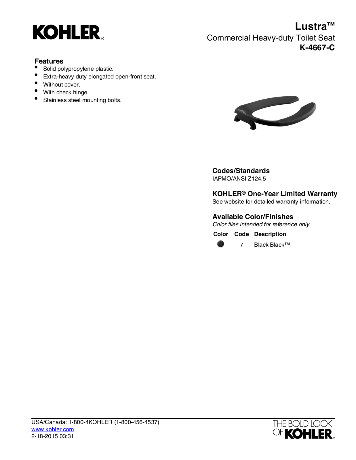 Kohler KOH3723 Specifications - ManualMachine.com