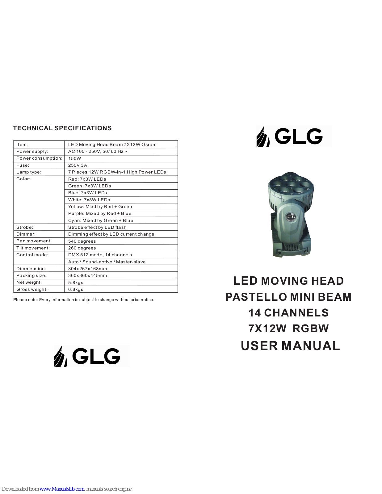 GLG LED Moving Head Beam 7X12W Osram User Manual