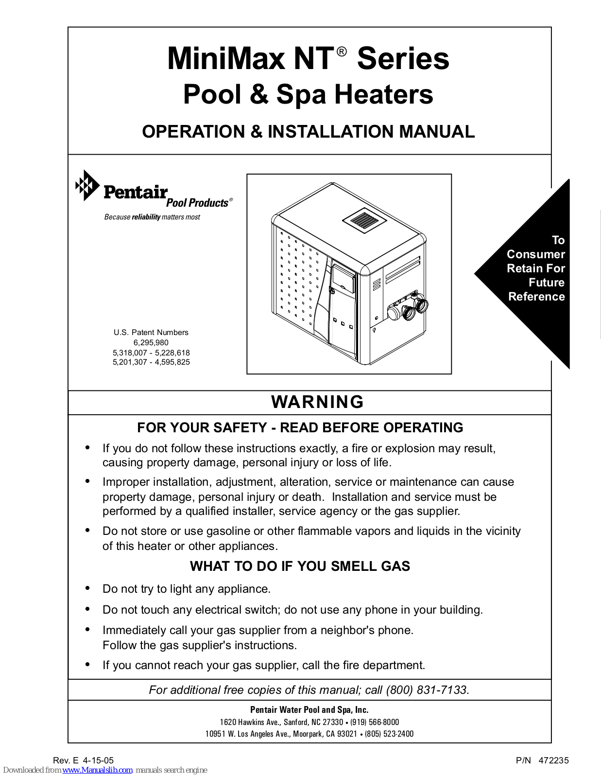 Pentair Pool & Spa Heaters NT Series, MiniMax NT 200, MiniMax NT 400, MiniMax NT 250, MiniMax NT 300 Operation & Installation Manual