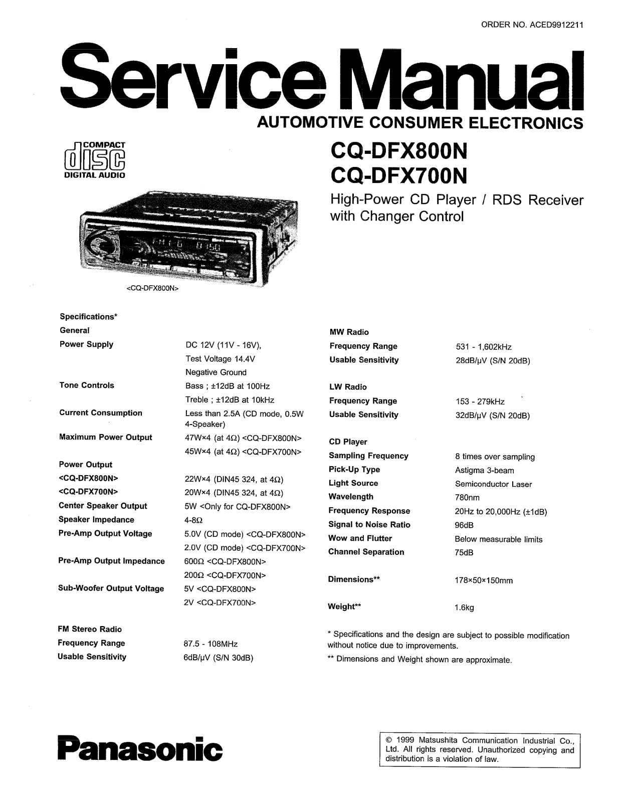 Panasonic CQDFX-700-N, CQDFX-800-N Service manual