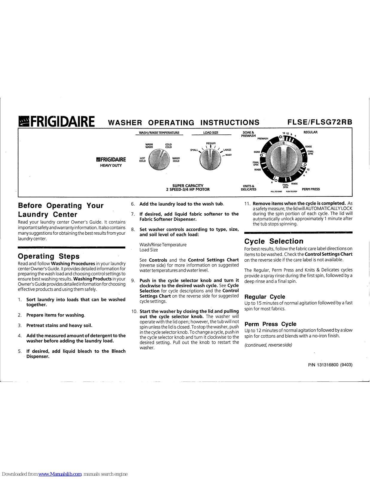 Frigidaire FLSE72RB, FLSG72RB Operating Instructions Manual