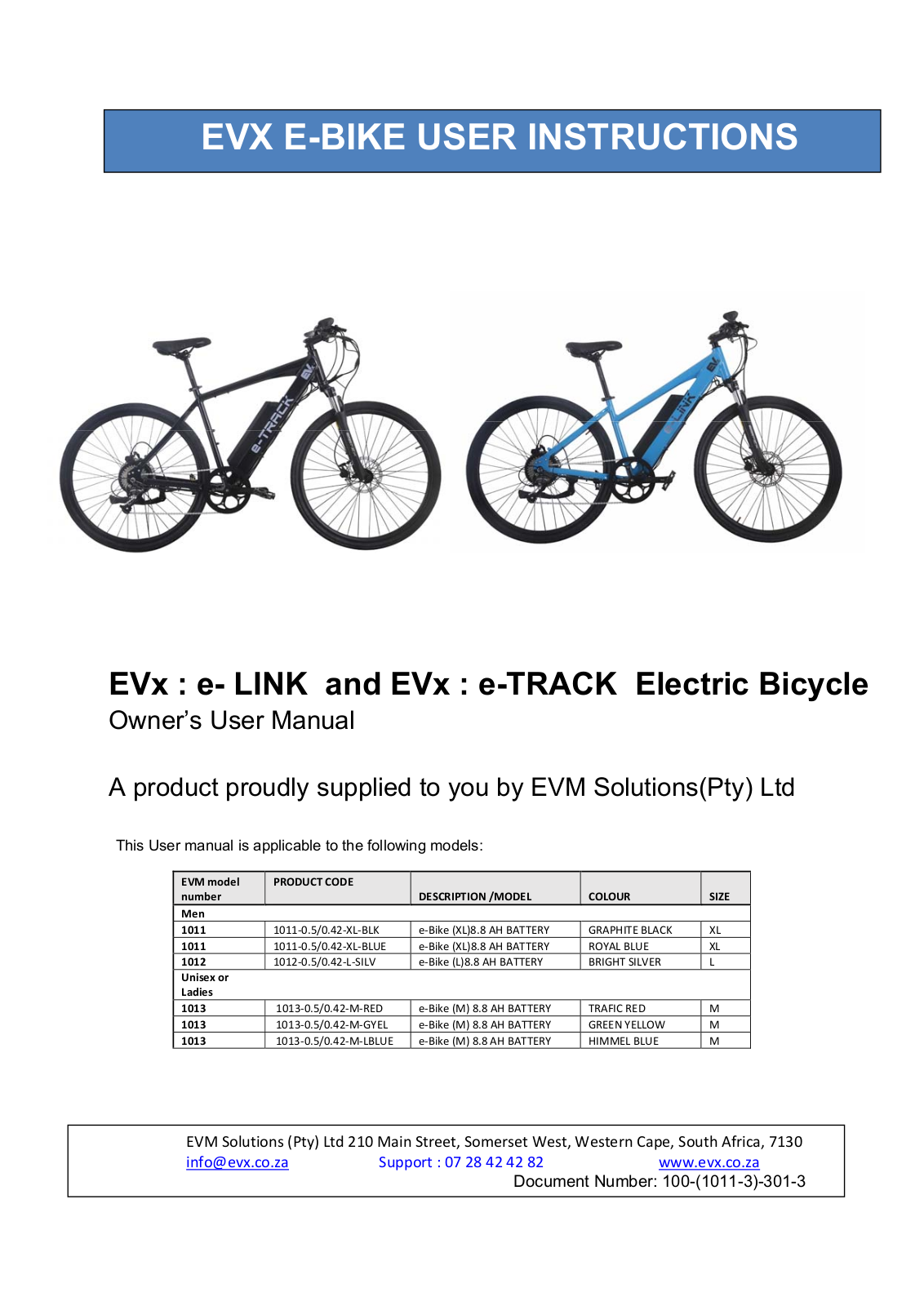 EVX e-TRACK Series, e-LINK Series, e-TRACK 1011, e-TRACK 1012, e-LINK 1013 User Instructions