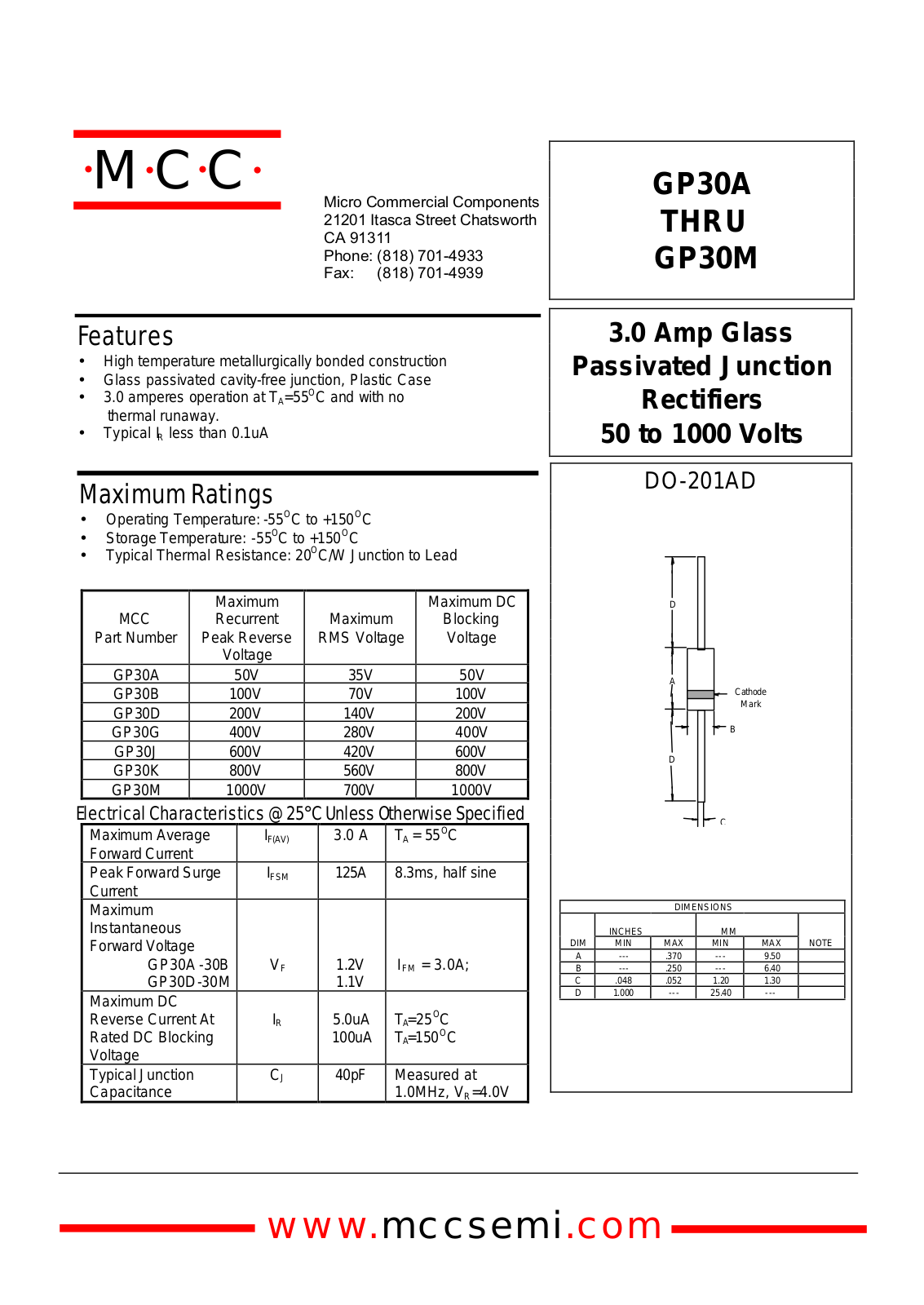 MCC GP30K, GP30J, GP30M, GP30G, GP30D Datasheet