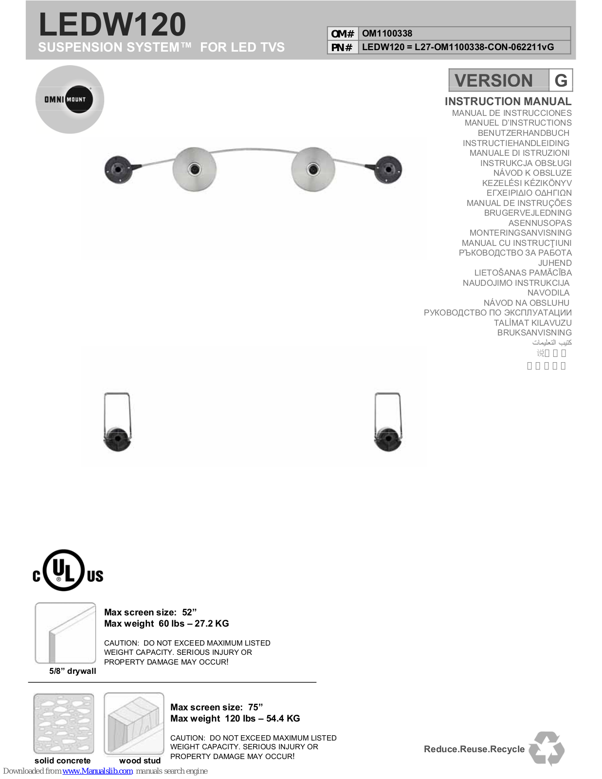 Omnimount SUSPENSION SYSTEM LEDW120, NCLP60F, NCLP120F, LEDW60 Instruction Manual