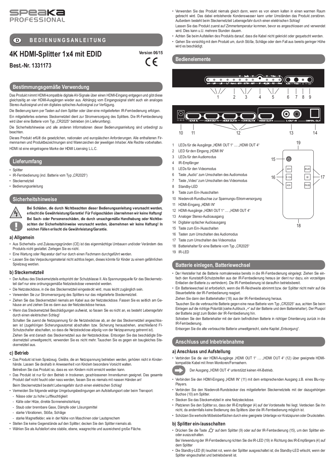 SpeaKa Professional 1331173 Instructions