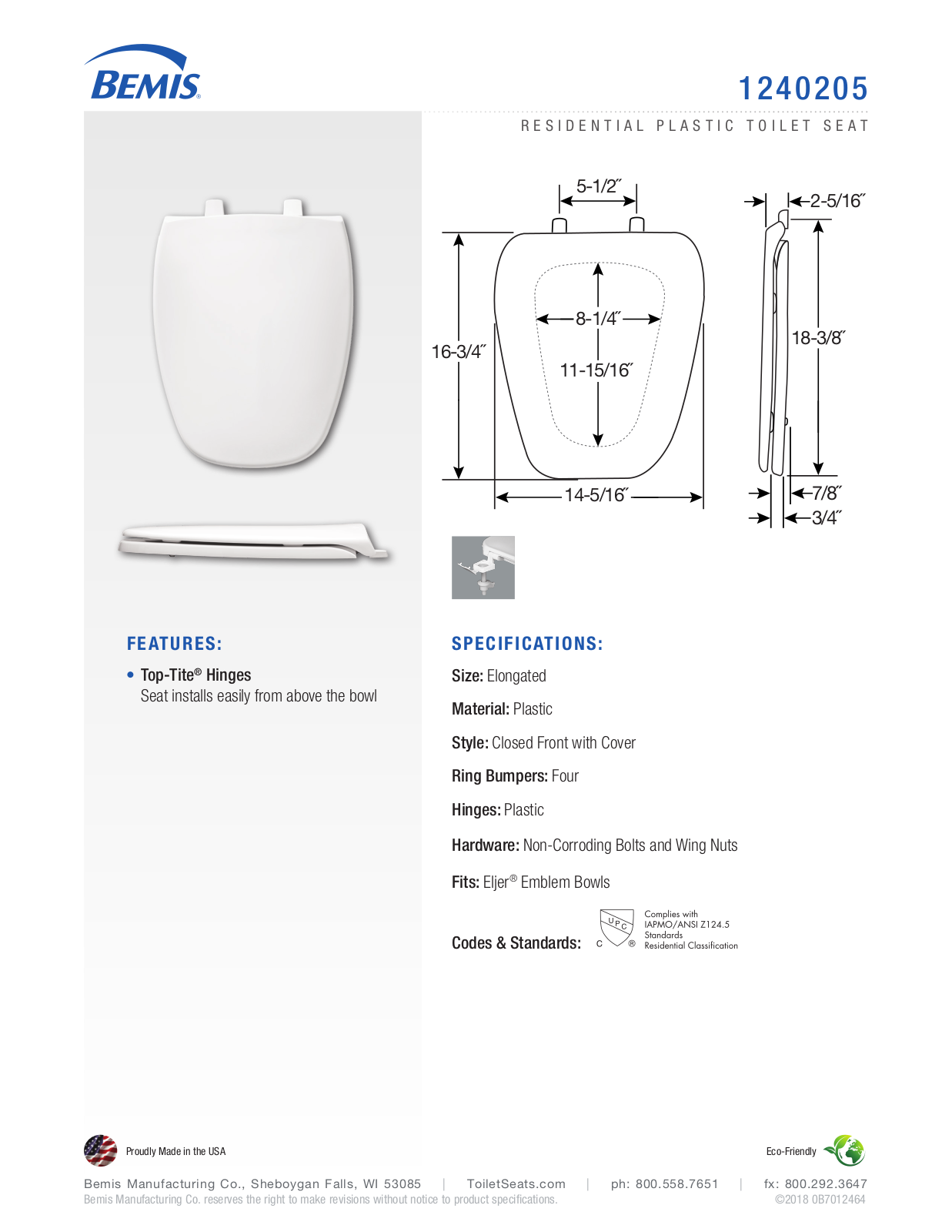 Bemis RCH10070 Specifications