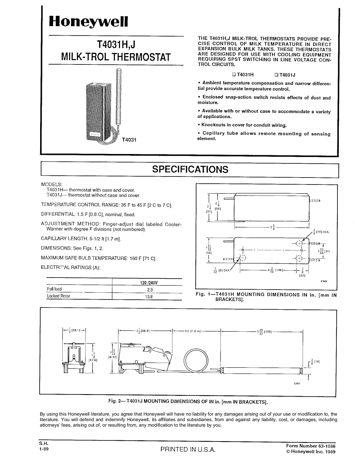 Honeywell T4031J, T4031H Specifications