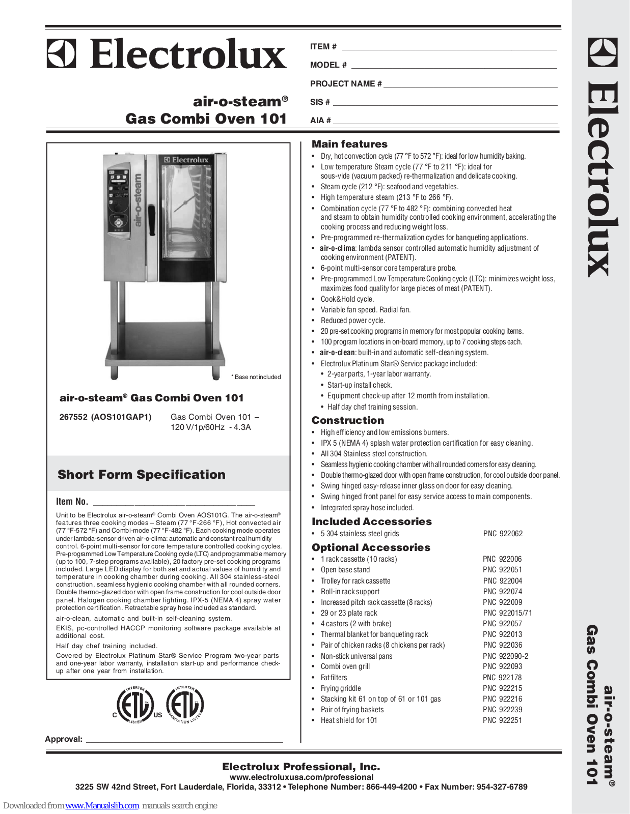 Electrolux Air-O-Steam AOS101GAP1, air-o-steam 267552 Specification Sheet - ManualMachine.com