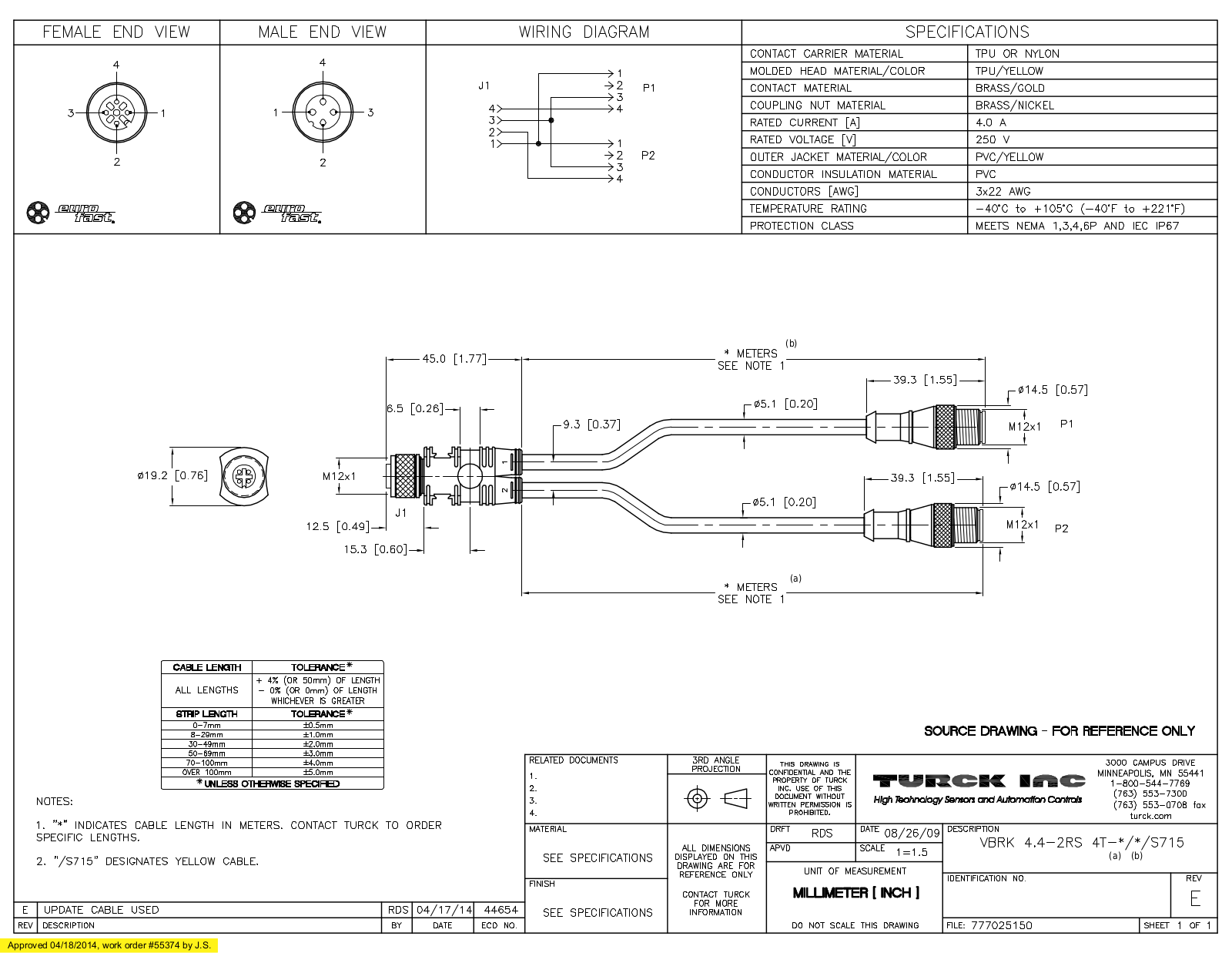 Turck VBRK4.4-2RS4T-0.6/0.6S715 Specification Sheet