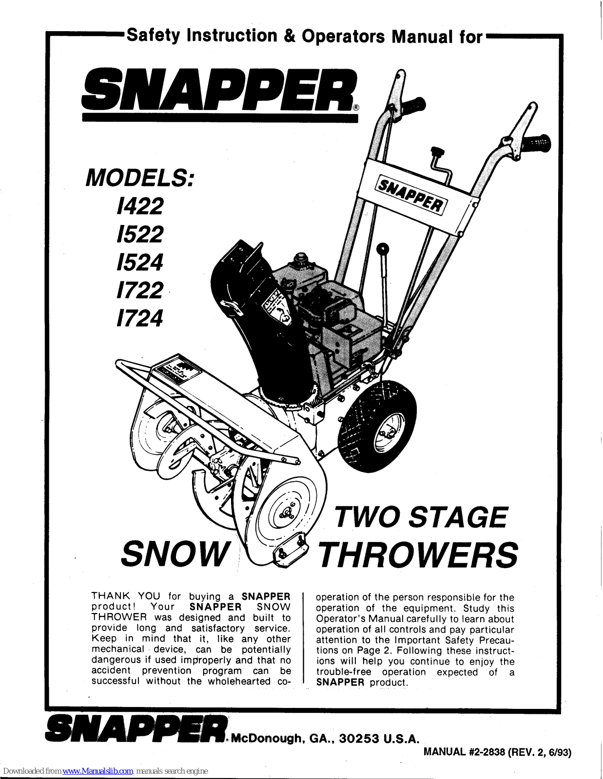 Snapper 1522, 1524, 1722, 1724, I422 Safety Instructions & Operator's Manual