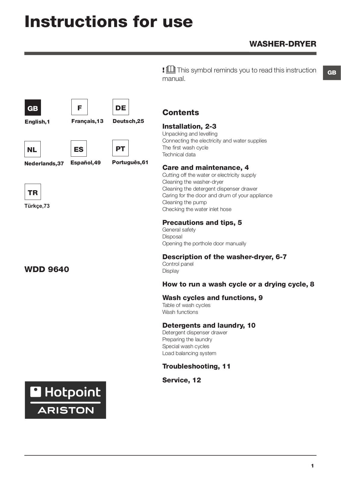 HOTPOINT/ARISTON WDD 9640B EU User Manual