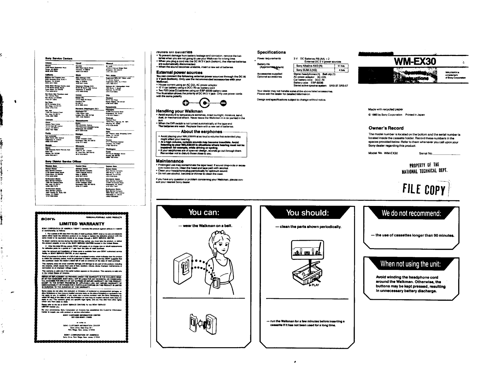 Sony WM-EX30 User Manual