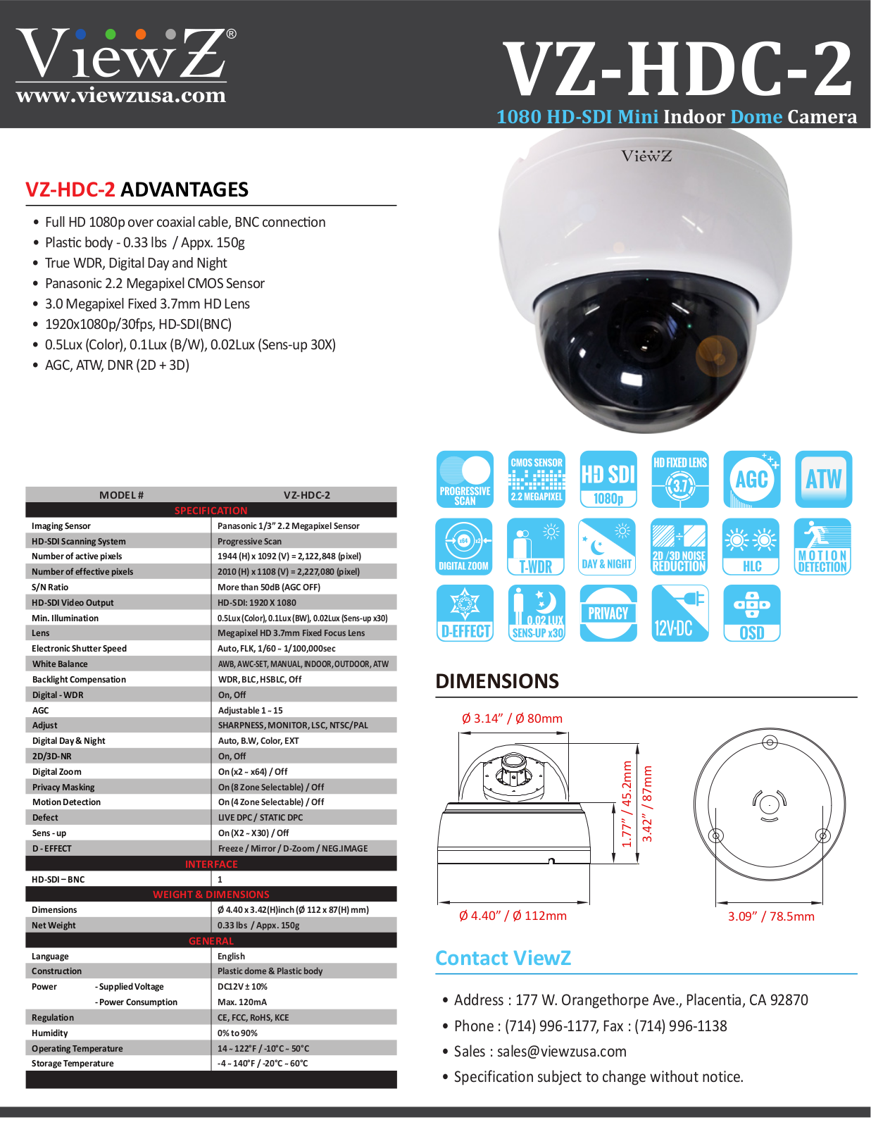 ViewZ VZ-HDC-2 Specsheet