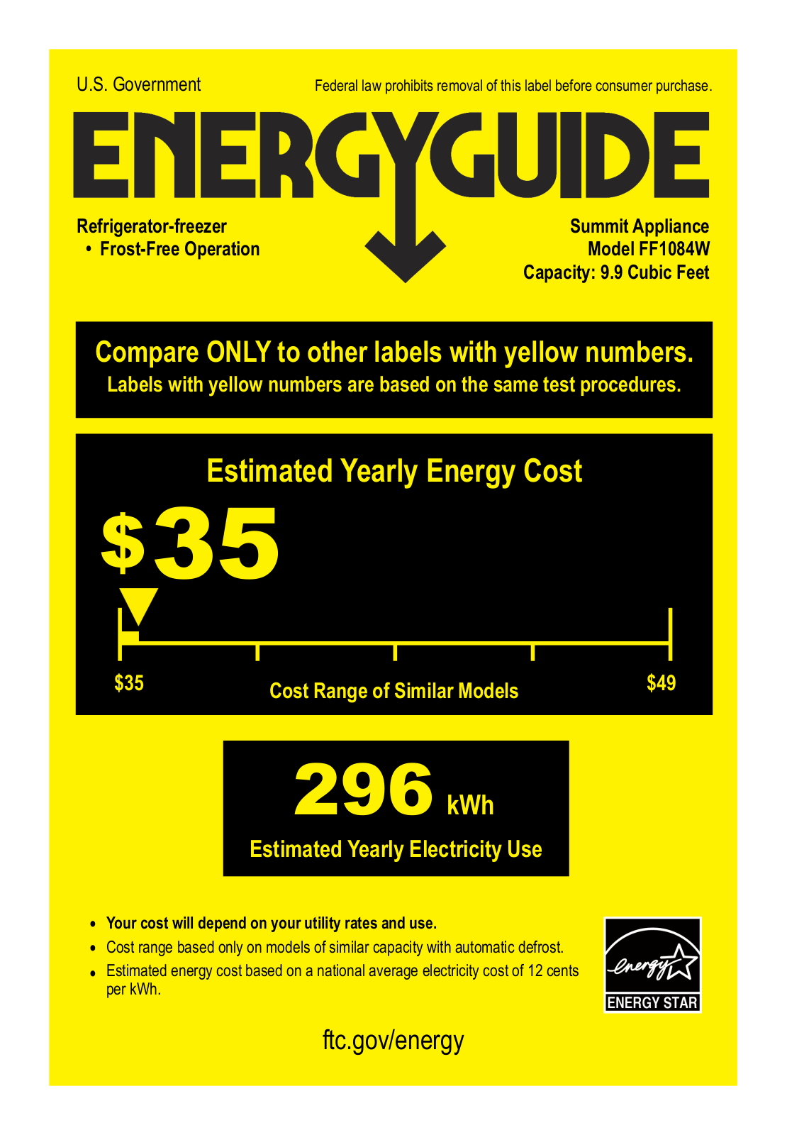 Summit FF1085SS Energy Guide