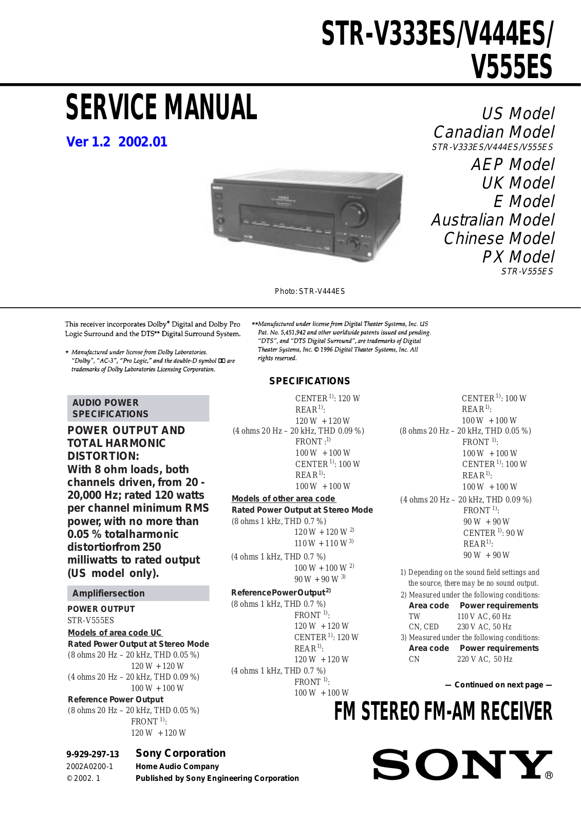 Sony STR-V333ES, STR-V444ES, STR-V555ES Service manual