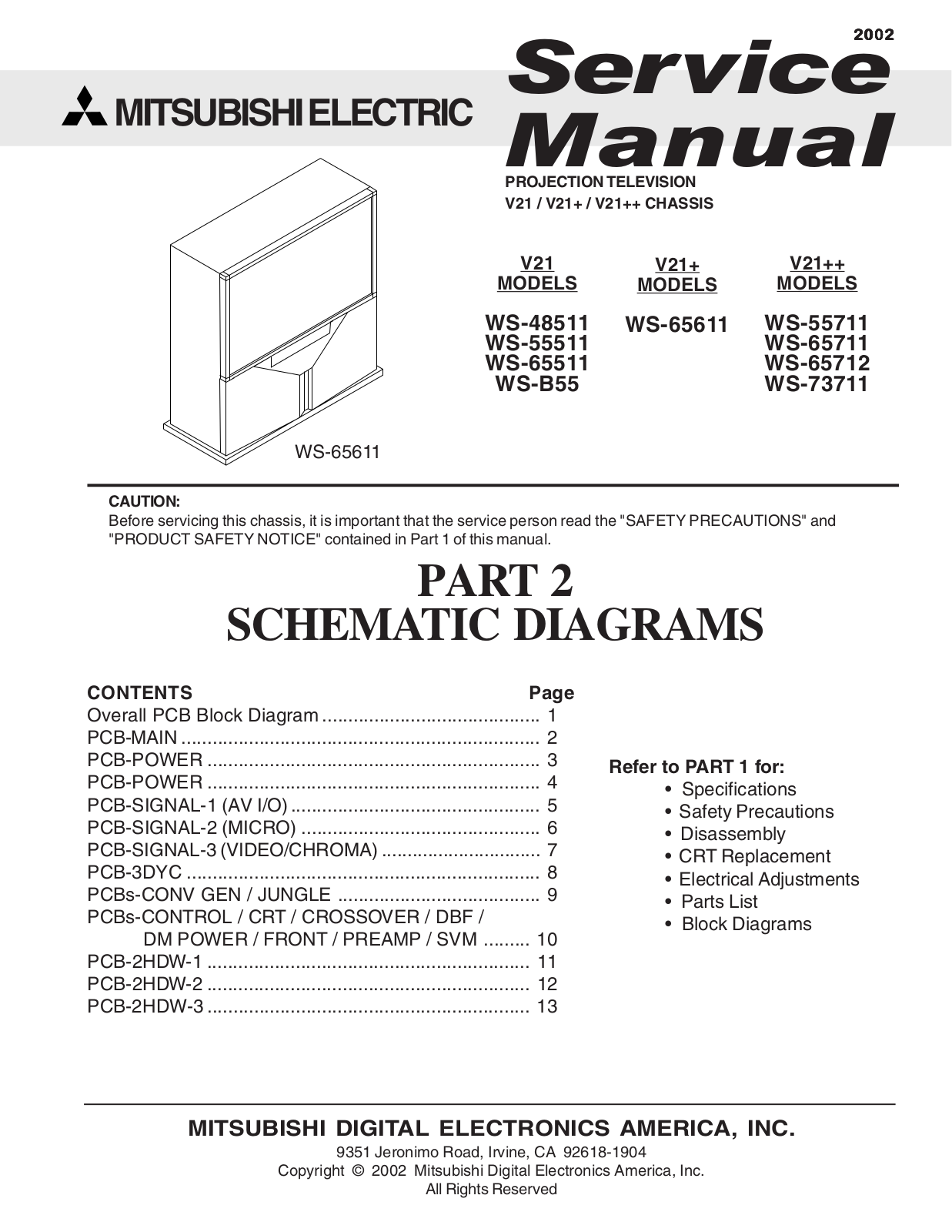 Mitsubishi WS-73711, WS-65712, WS-65711, WS-55711, WS-65611 Service Manual