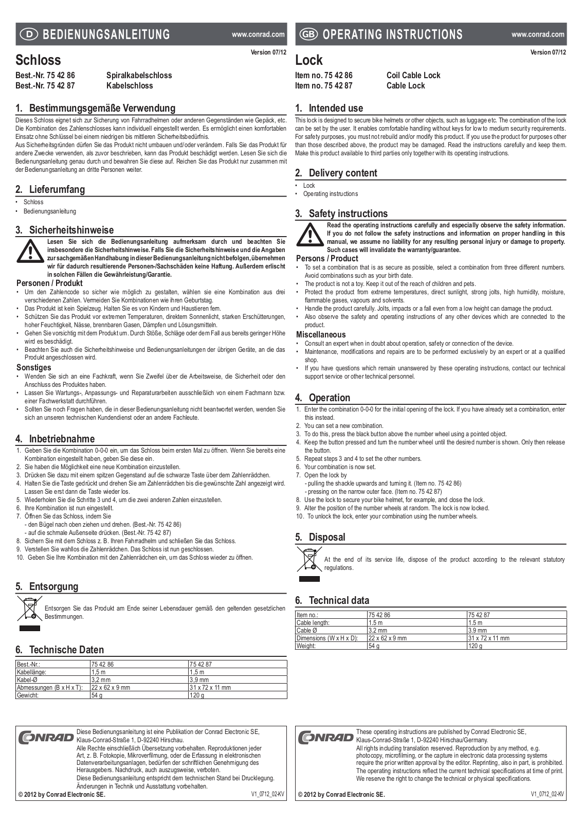 Conrad 75 42 86, 75 42 87 Operating Instructions