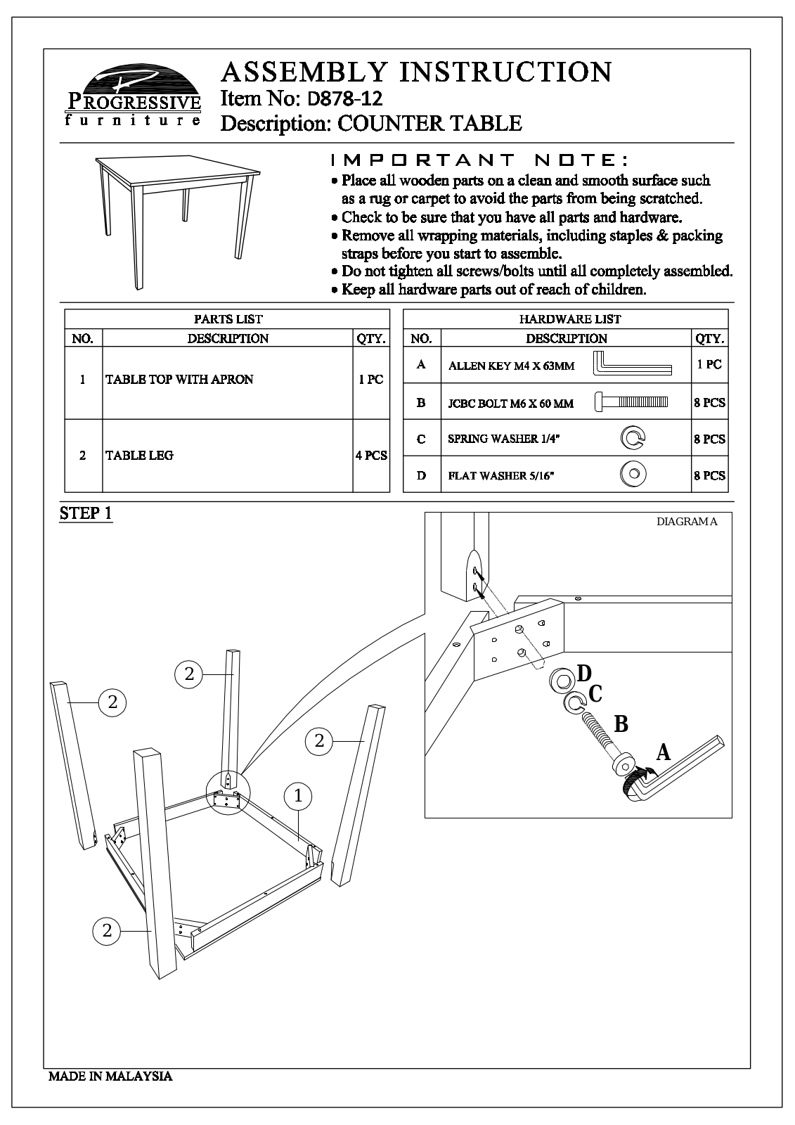 Progressive Furniture D87812 Assembly Guide