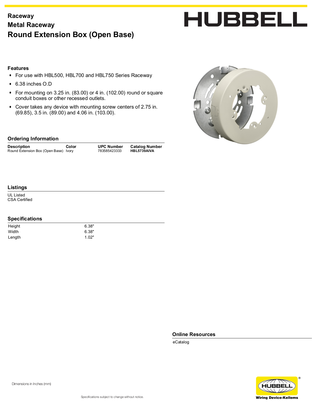 Hubbell HBL5739AIVA Specifications