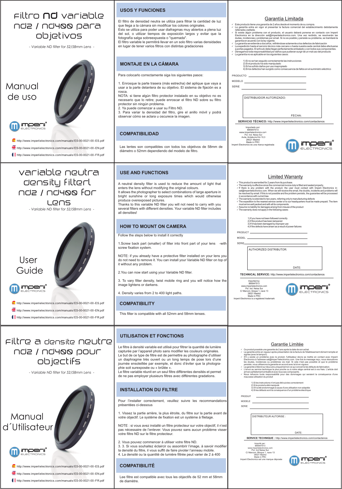 imperii Variable Neutral Density Filter nd2/ nd400 for Lens User Manual