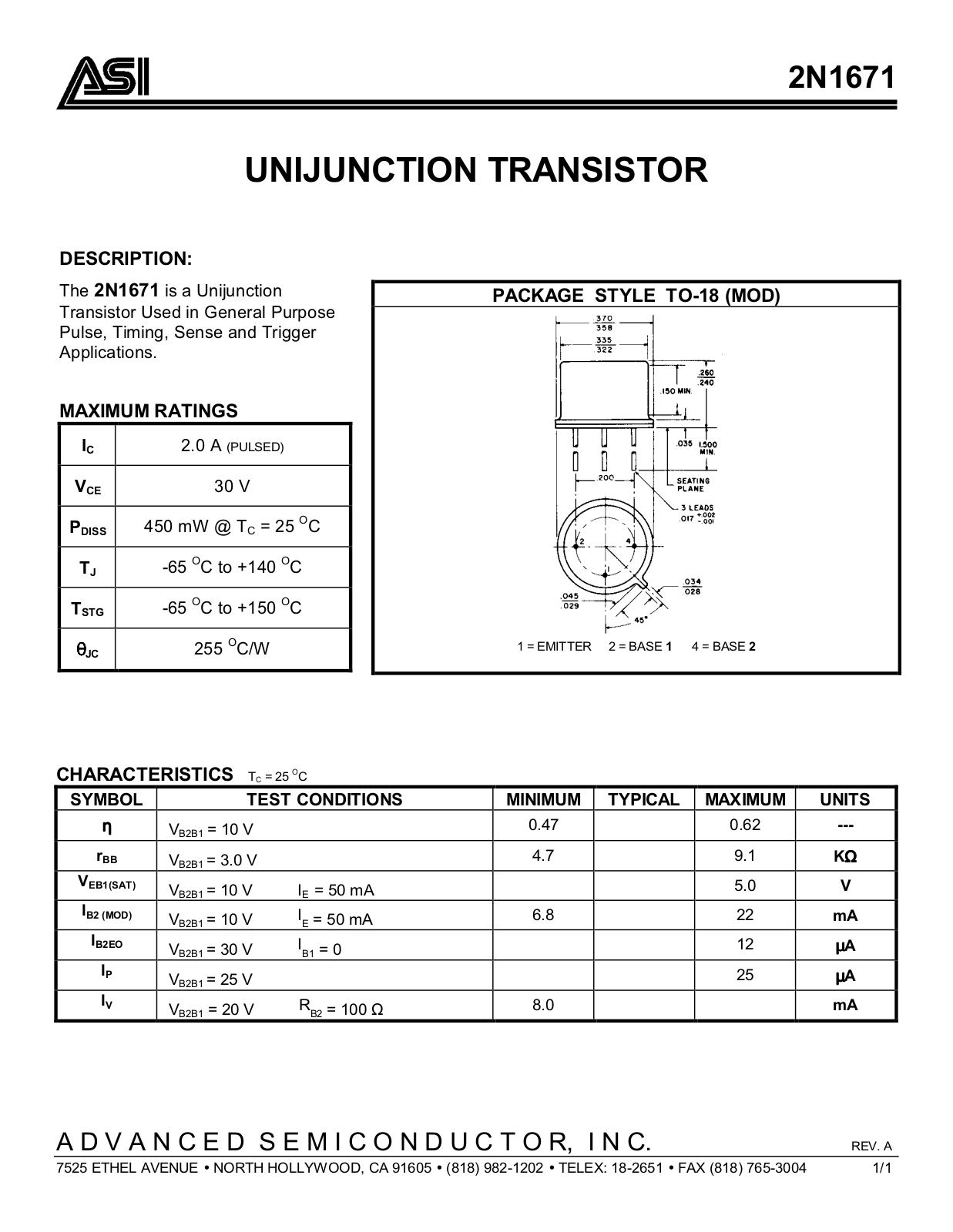 Advanced Semiconductor Inc 2N1671 Datasheet