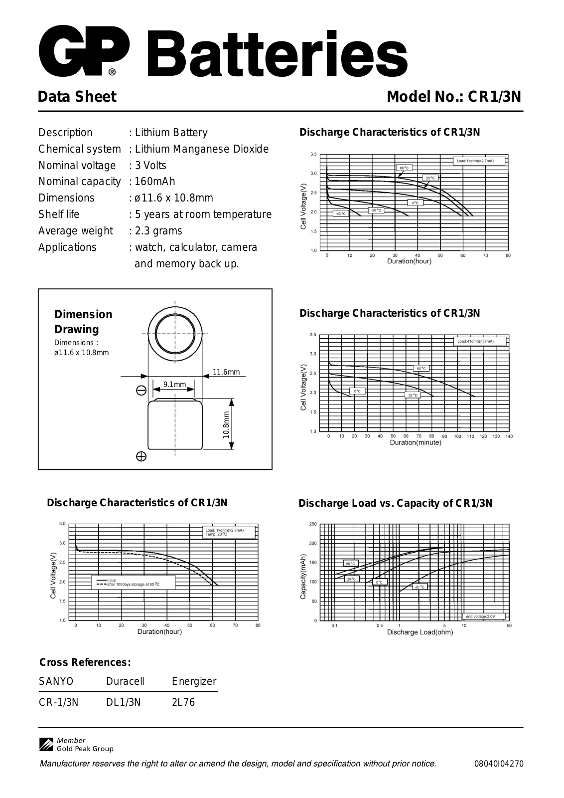 Gp batteries CR1-3N DATASHEET